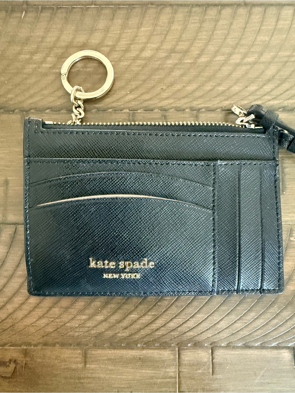 Kate Spade New York Black Saffiano Leather Zip Card Holder Keychain Wallet